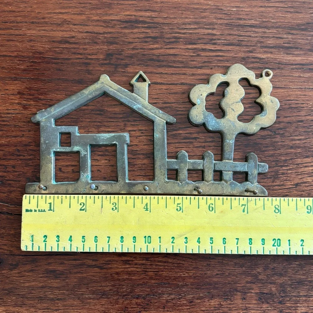 Vintage Brass House Tree Picket Fence Wall Mount Key Holder Rack 5 Hooks Taiwan